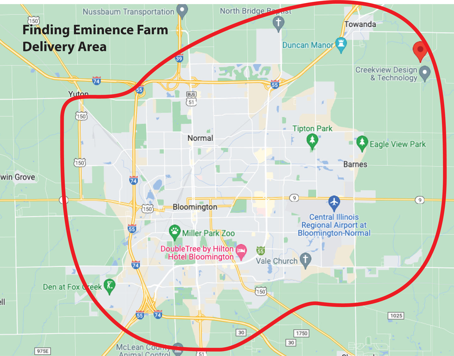 Delivery map for winter tulips of Bloomington/Normal Area. 